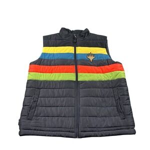 Magic The Gathering MTG Black Puffer Vest with rainbow stripes and Logo Size L